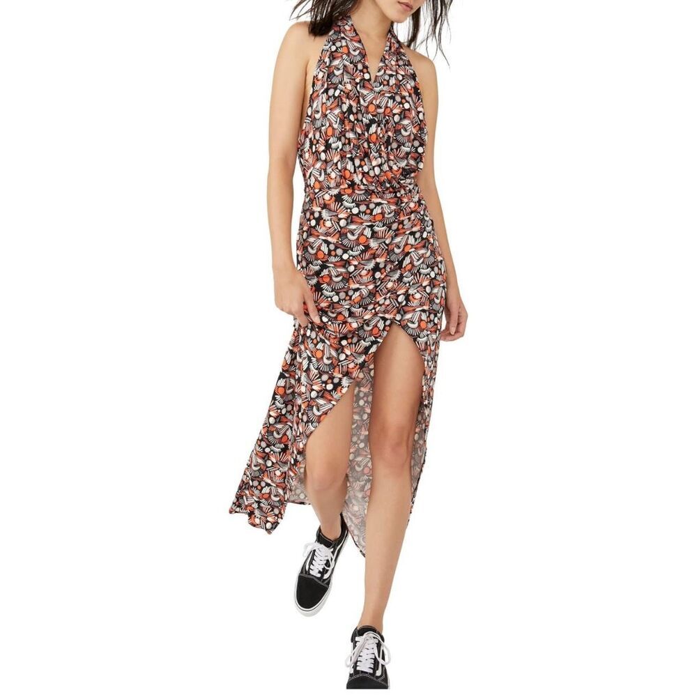 Free People Floral Halter Maxi Dress in Black and Orange
